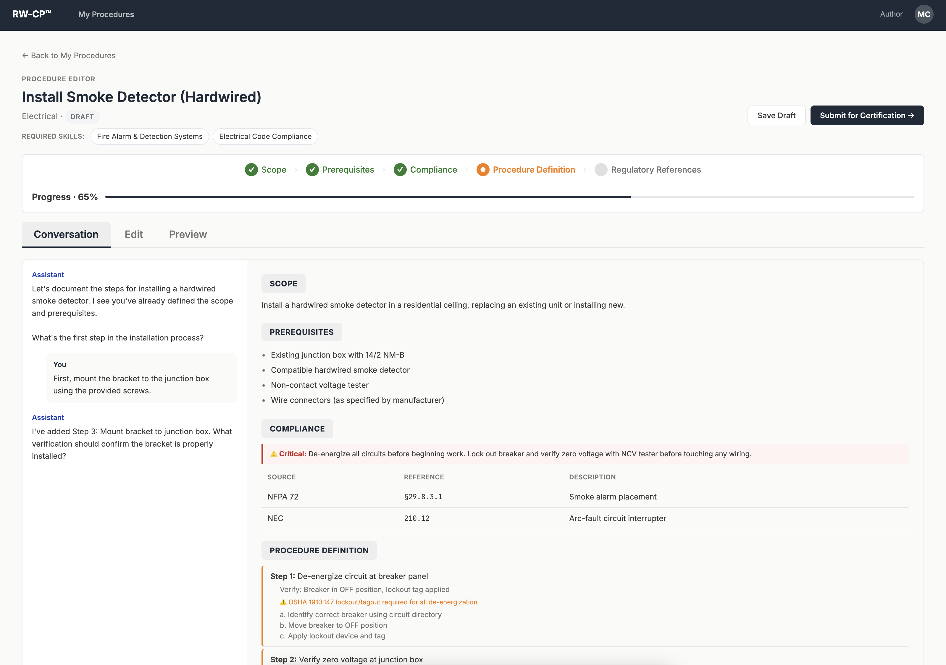 RW-CP Procedure Editor with AI-assisted conversation interface and live document preview